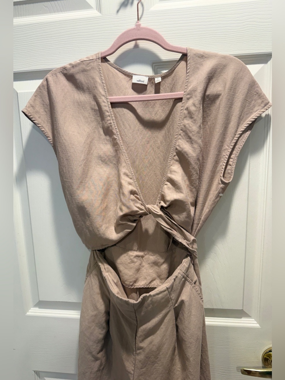 Wilfred by Aritzia Brax Linen Blend Wrap Jumpsuit Size 4 Beige Taupe Cutout Wide - Picture 6 of 10
